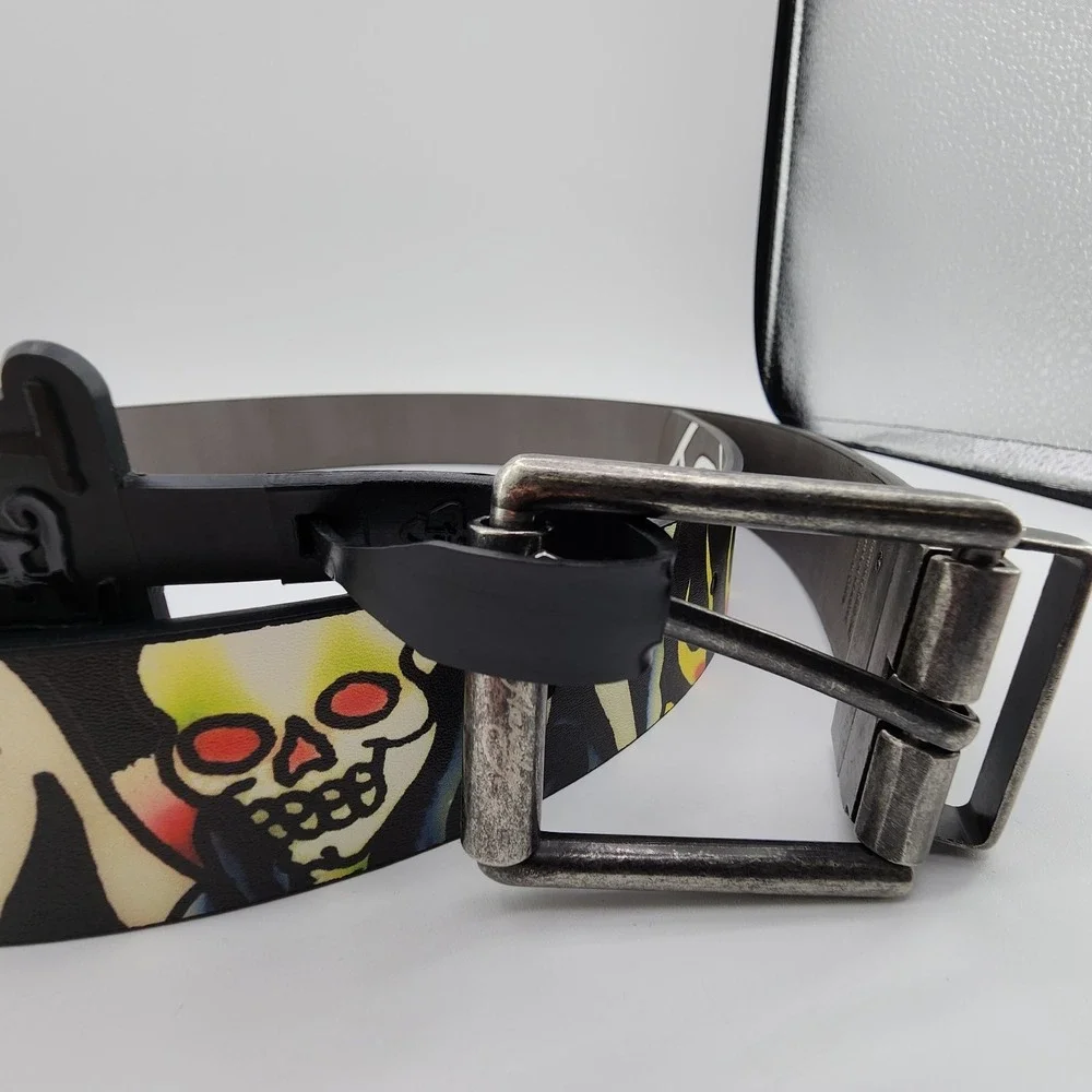 Ed Hardy Live to Ride Reversible Belt Mens Sz 36 Graphic‎ Print Metal Buckle NEW